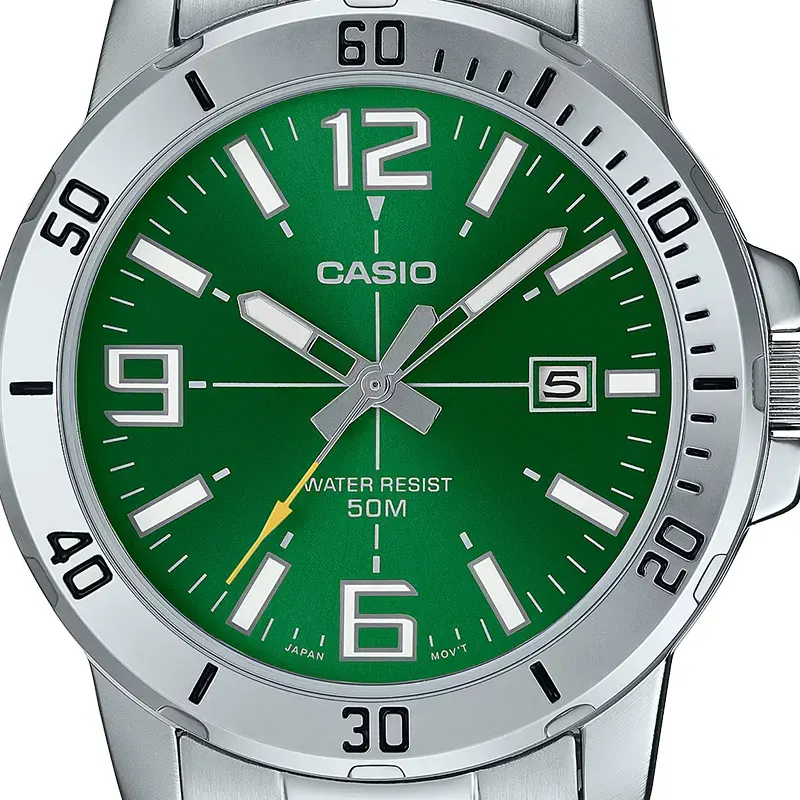 Casio Enticer Green Dial Silver Band Men's Watch- MTP-VD01D-3BV